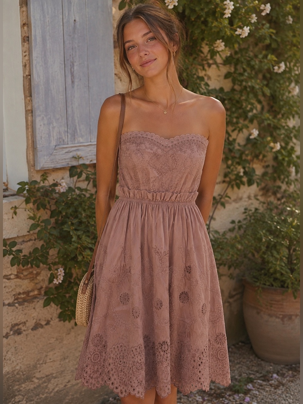 BCBGMAXAZRIA Dusty Mauve Embroidered Eyelet Strapless Dress Boho Cottagecore